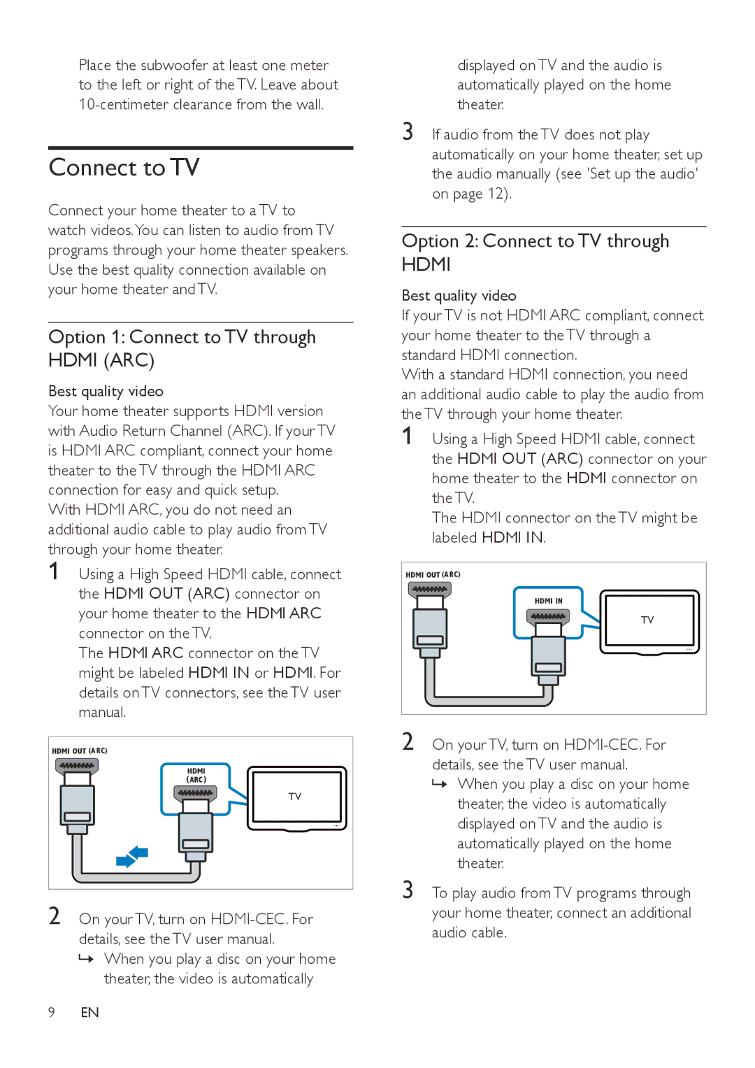 Philips HTB3560 user manual Option 1 Connect to TV through Hdmi ARC, Option 2 Connect to TV through, Best quality video 