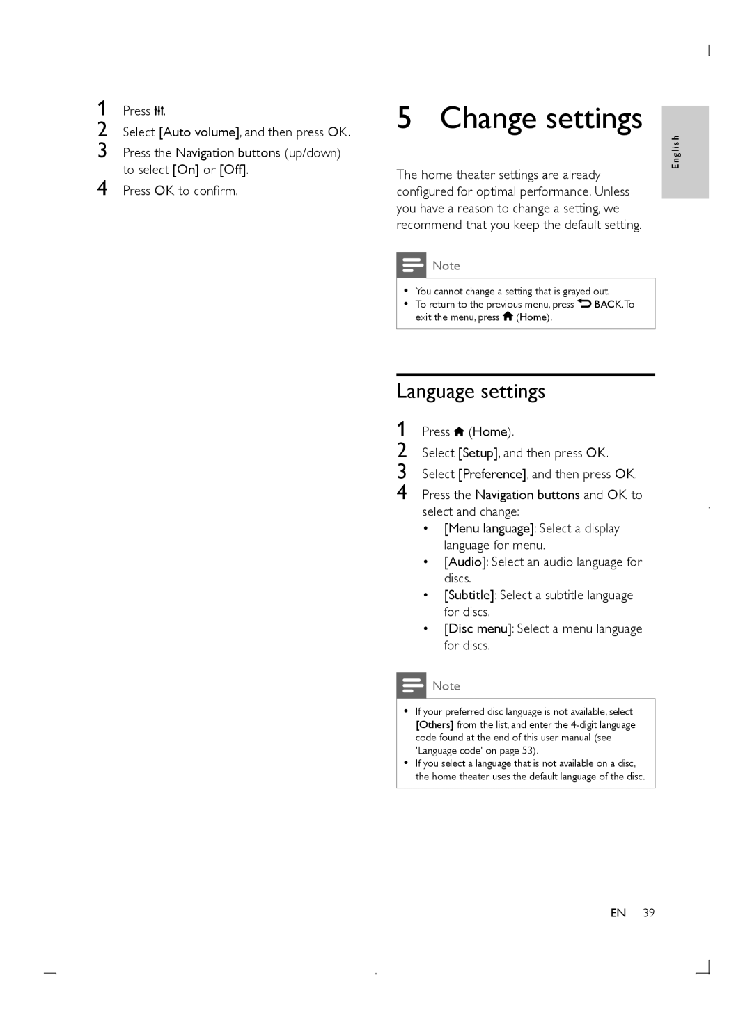 Philips HTB5544D manuel dutilisation Change settings, Language settings 