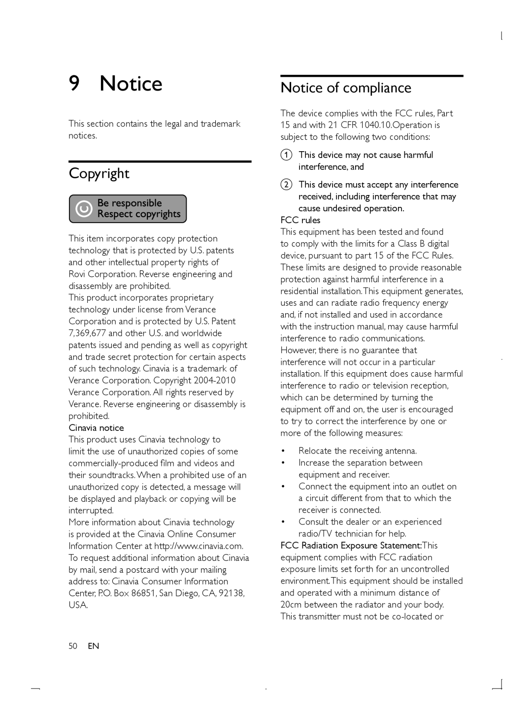 Philips HTB5544D manuel dutilisation Copyright, Notice of compliance 