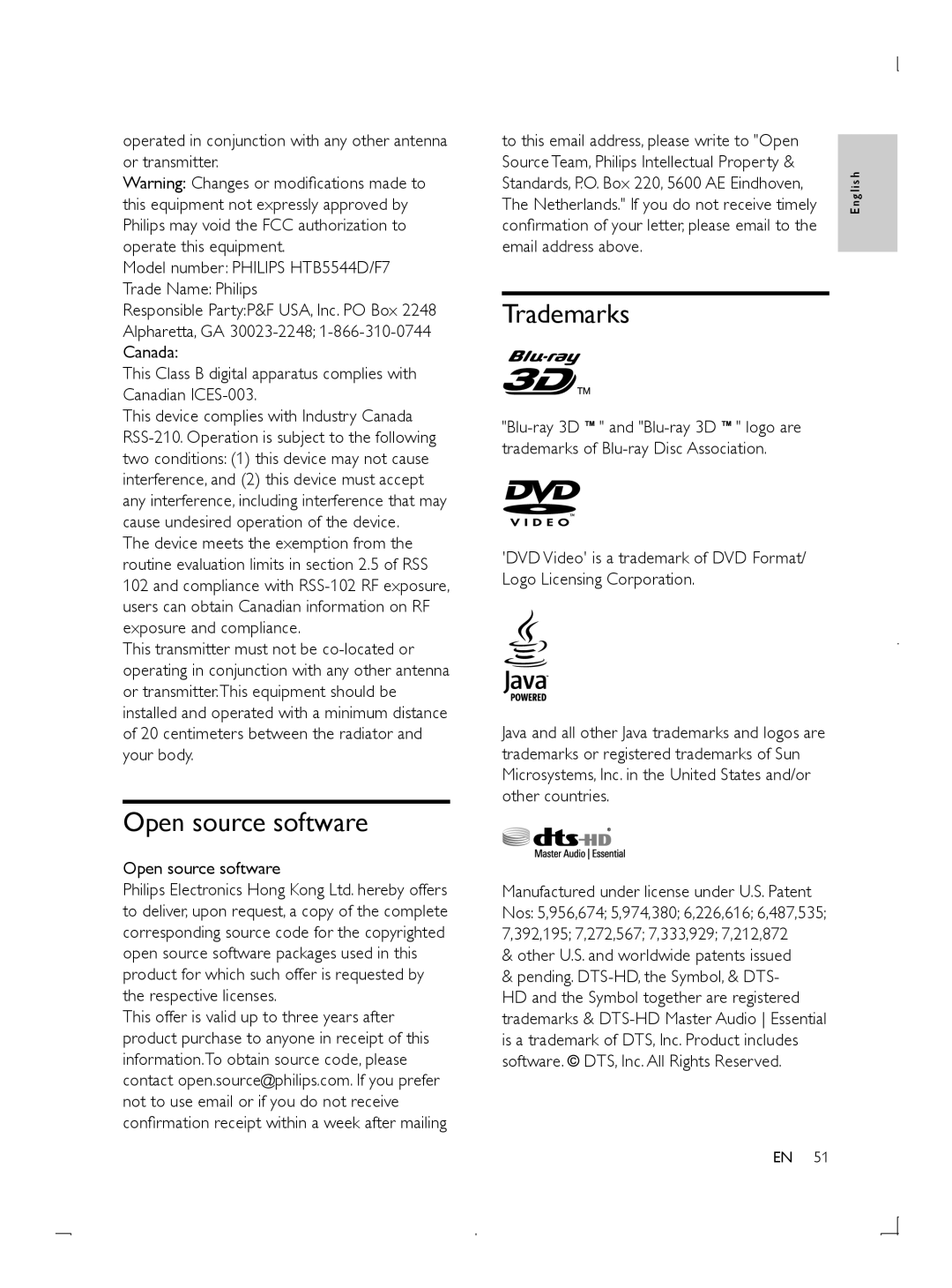 Philips HTB5544D manuel dutilisation Open source software, Trademarks 