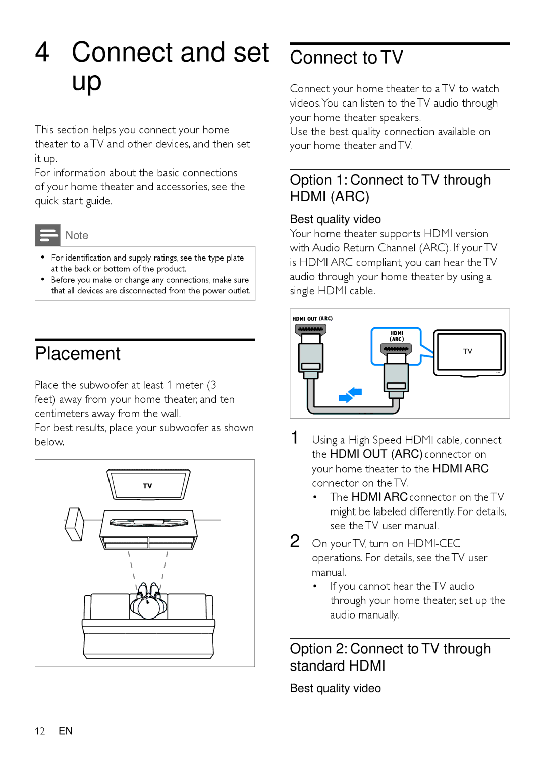 Philips HTB7150 user manual Connect and set up, Placement, Option 1 Connect to TV through Hdmi ARC 