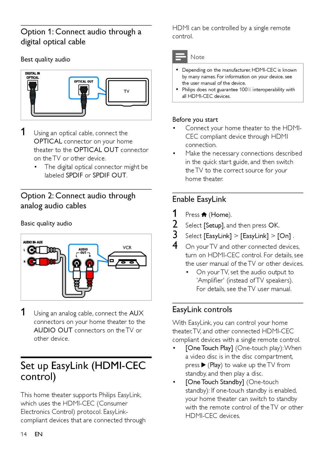 Philips HTB7150 Set up EasyLink HDMI-CEC control, Option 1 Connect audio through a digital optical cable, Enable EasyLink 