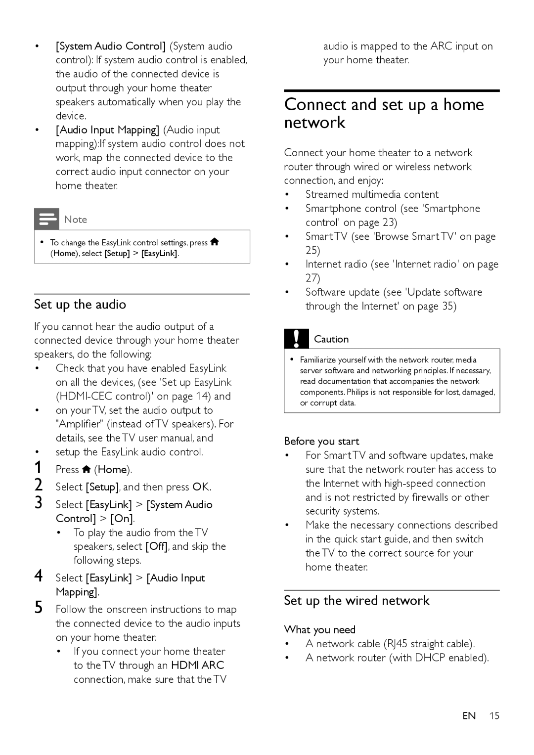 Philips HTB7150 user manual Connect and set up a home network, Set up the audio, Set up the wired network, Before you start 