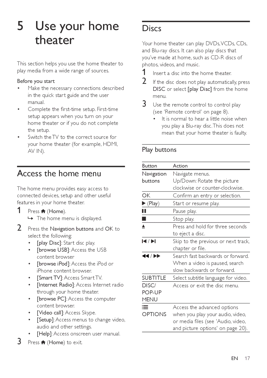 Philips HTB7150 user manual Use your home theater, Access the home menu, Discs, Play buttons 