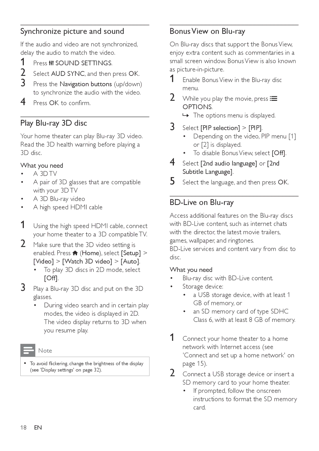 Philips HTB7150 user manual Synchronize picture and sound, Play Blu-ray 3D disc, Bonus View on Blu-ray, BD-Live on Blu-ray 