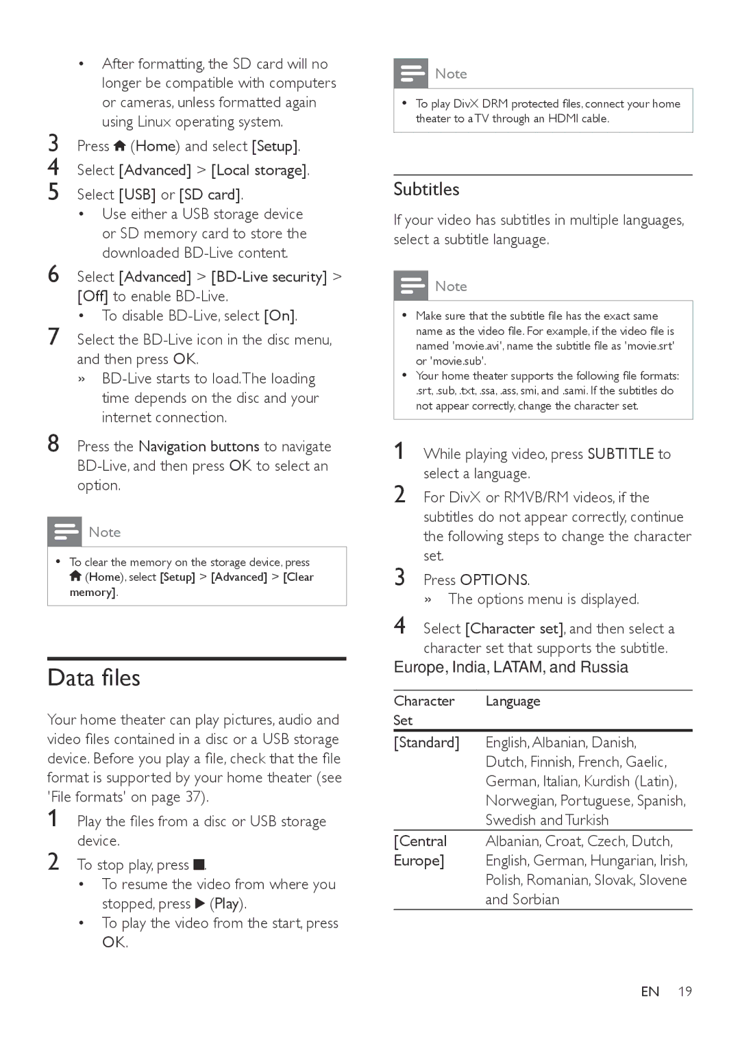 Philips HTB7150 user manual Data files, Subtitles 