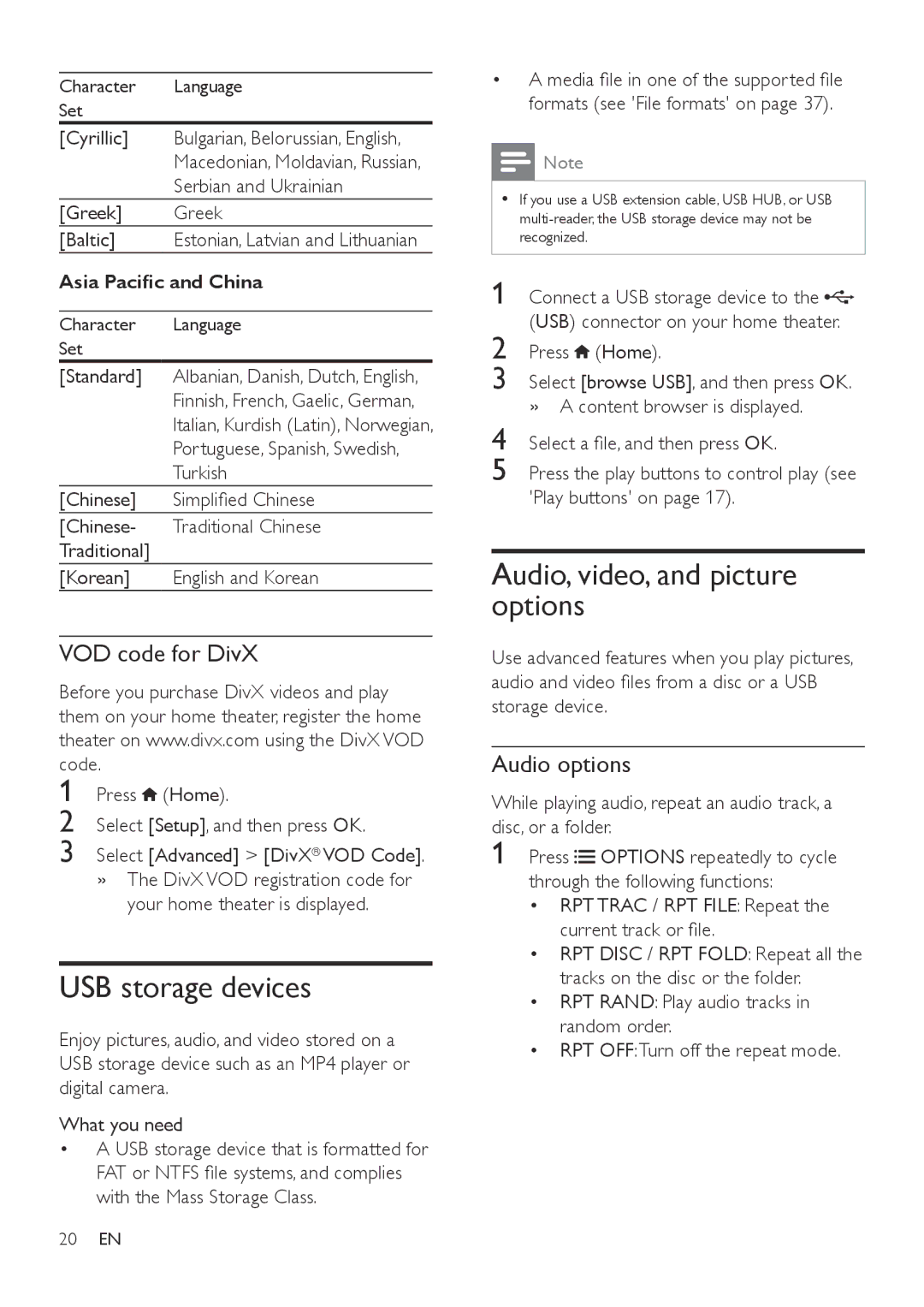 Philips HTB7150 user manual USB storage devices, Audio, video, and picture options, VOD code for DivX, Audio options 