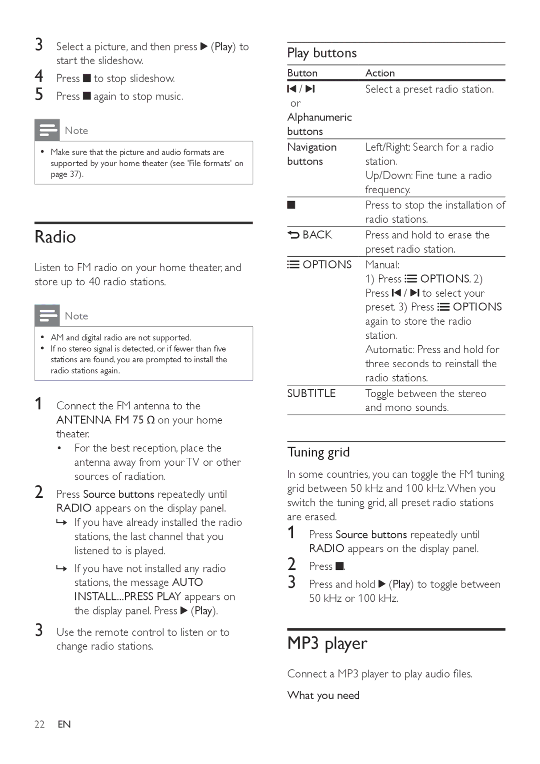 Philips HTB7150 user manual Radio, MP3 player, Tuning grid 