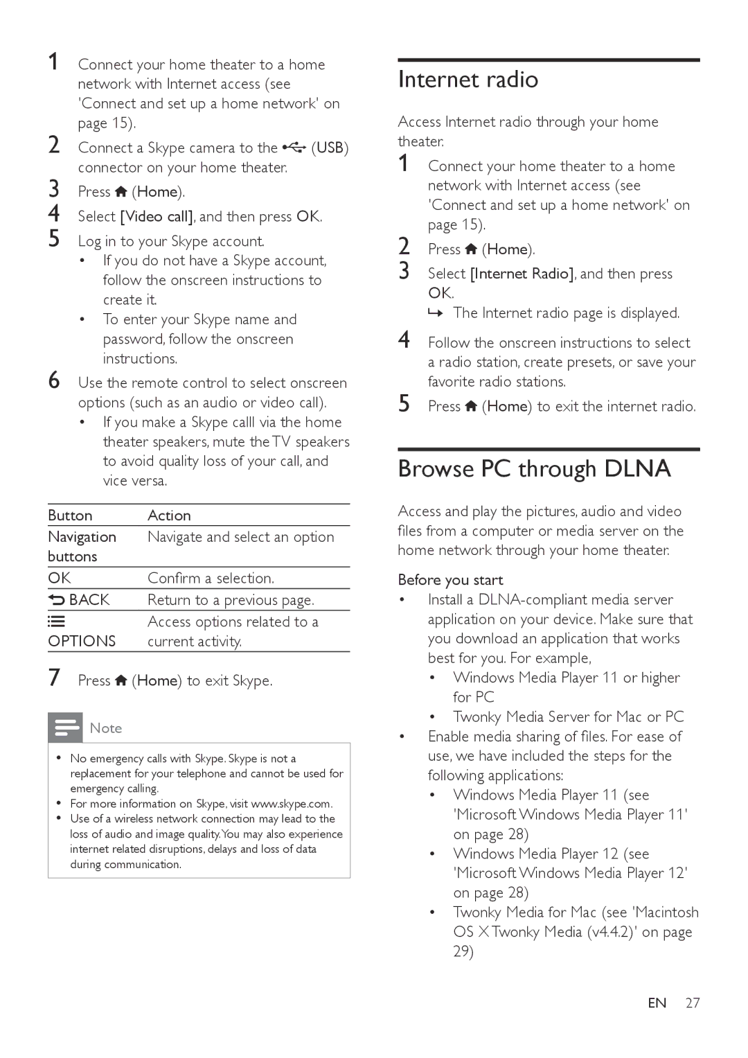 Philips HTB7150 user manual Internet radio, Browse PC through Dlna 