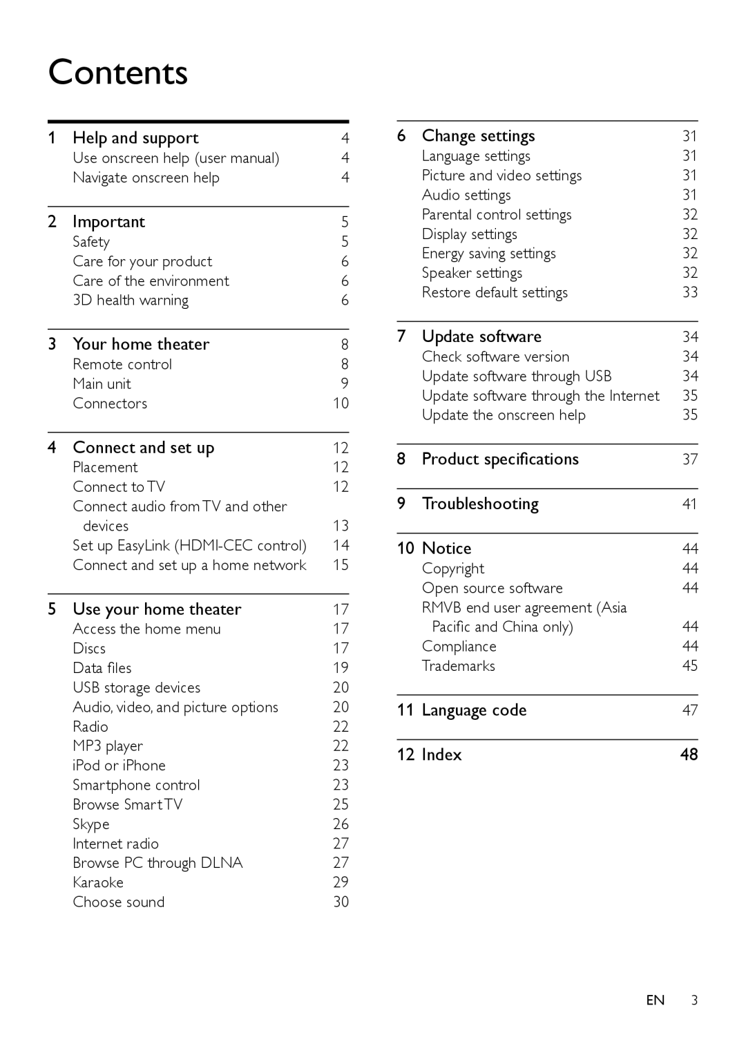 Philips HTB7150 user manual Contents 