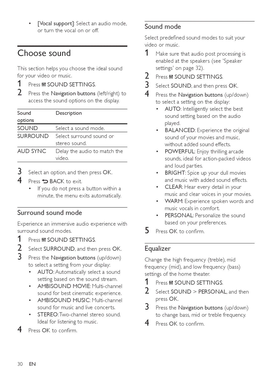 Philips HTB7150 user manual Choose sound, Surround sound mode, Sound mode, Equalizer 