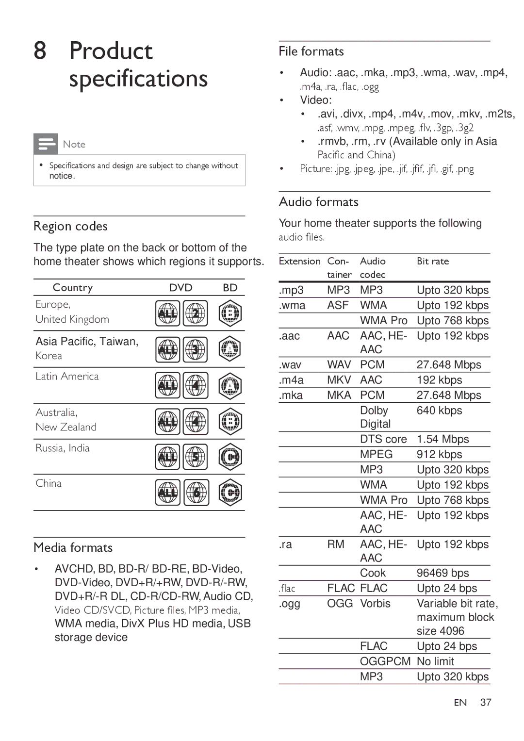 Philips HTB7150 user manual Region codes, Media formats, File formats, Audio formats 