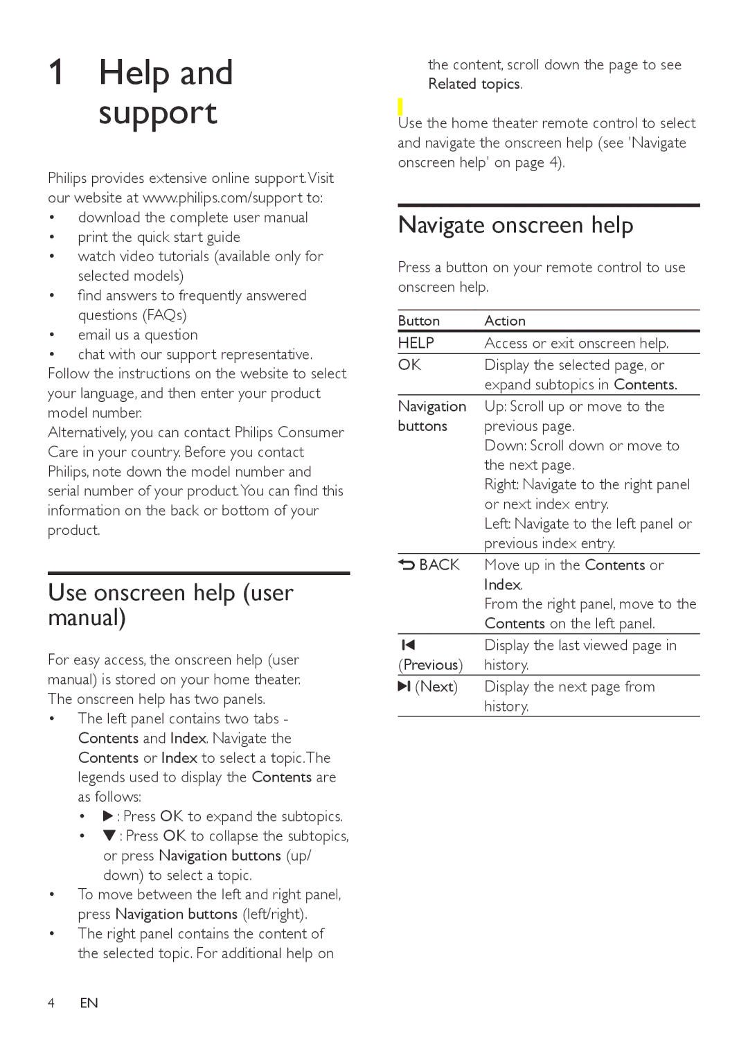 Philips HTB7150 user manual Navigate onscreen help, Help, Back 