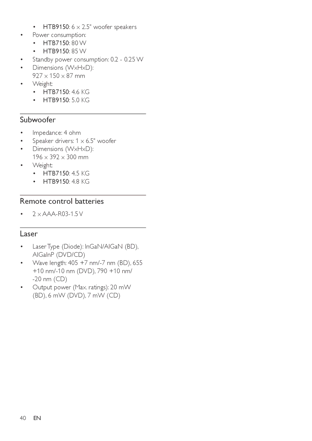 Philips HTB7150 user manual Subwoofer, Remote control batteries, Laser 