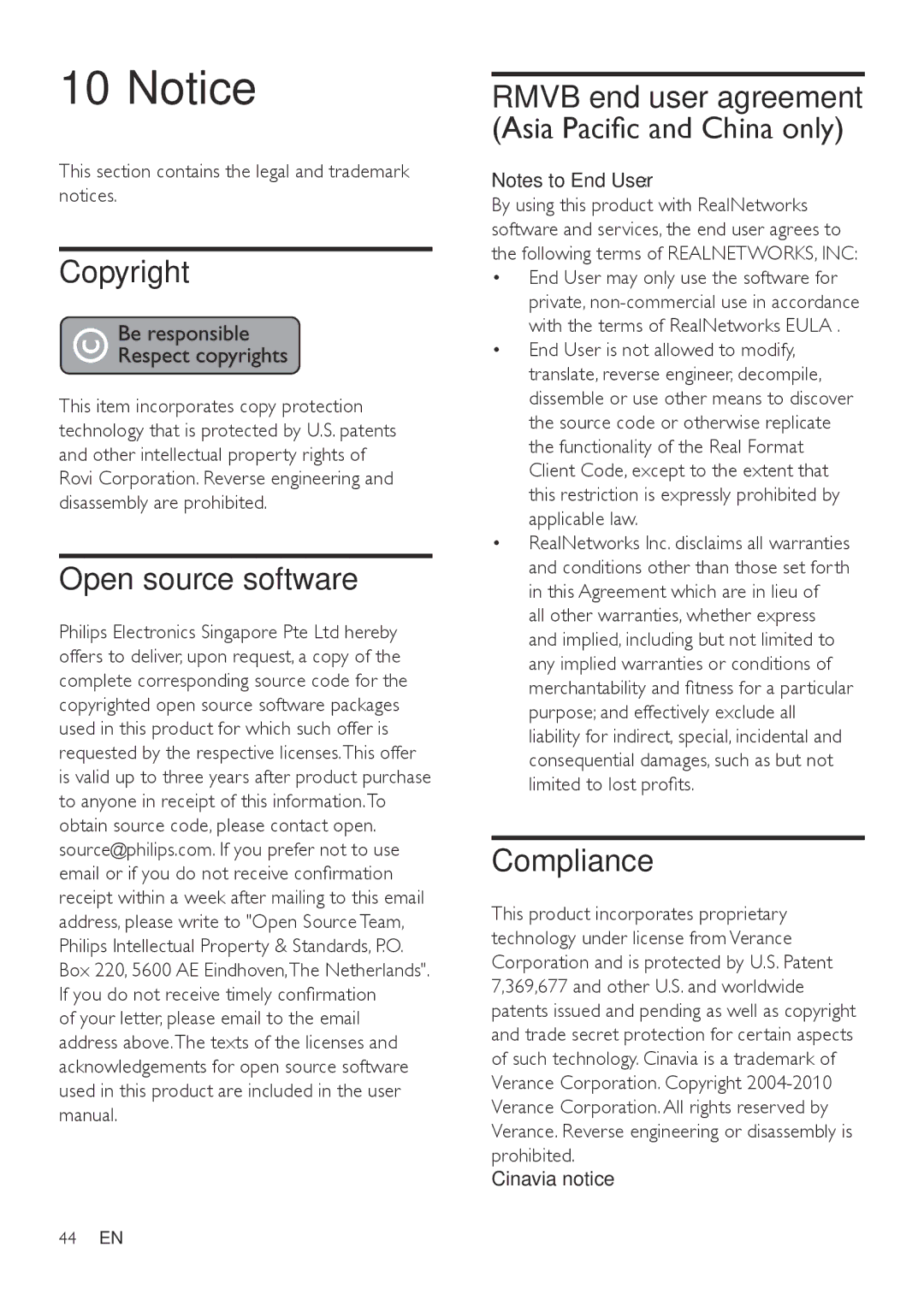 Philips HTB7150 Copyright, Open source software, Compliance, This section contains the legal and trademark notices 