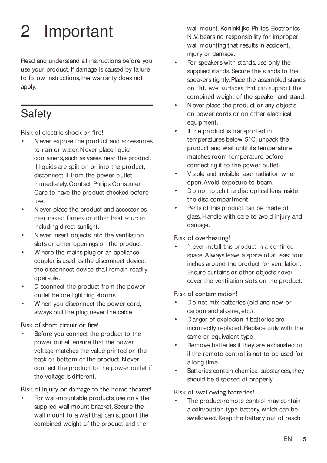 Philips HTB7150 user manual Safety, Risk of electric shock or fire, Risk of swallowing batteries 