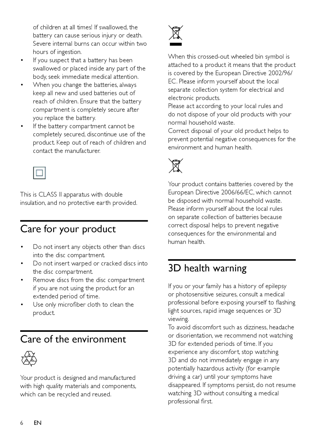 Philips HTB7150 user manual Care for your product, Care of the environment, 3D health warning 