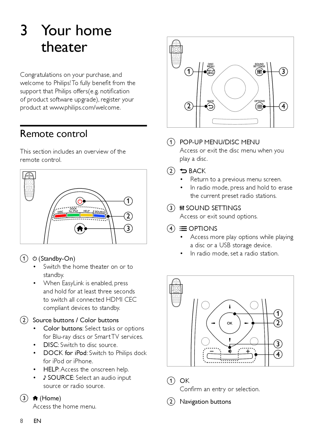 Philips HTB7150 user manual Remote control, POP-UP MENU/DISC Menu, Options 