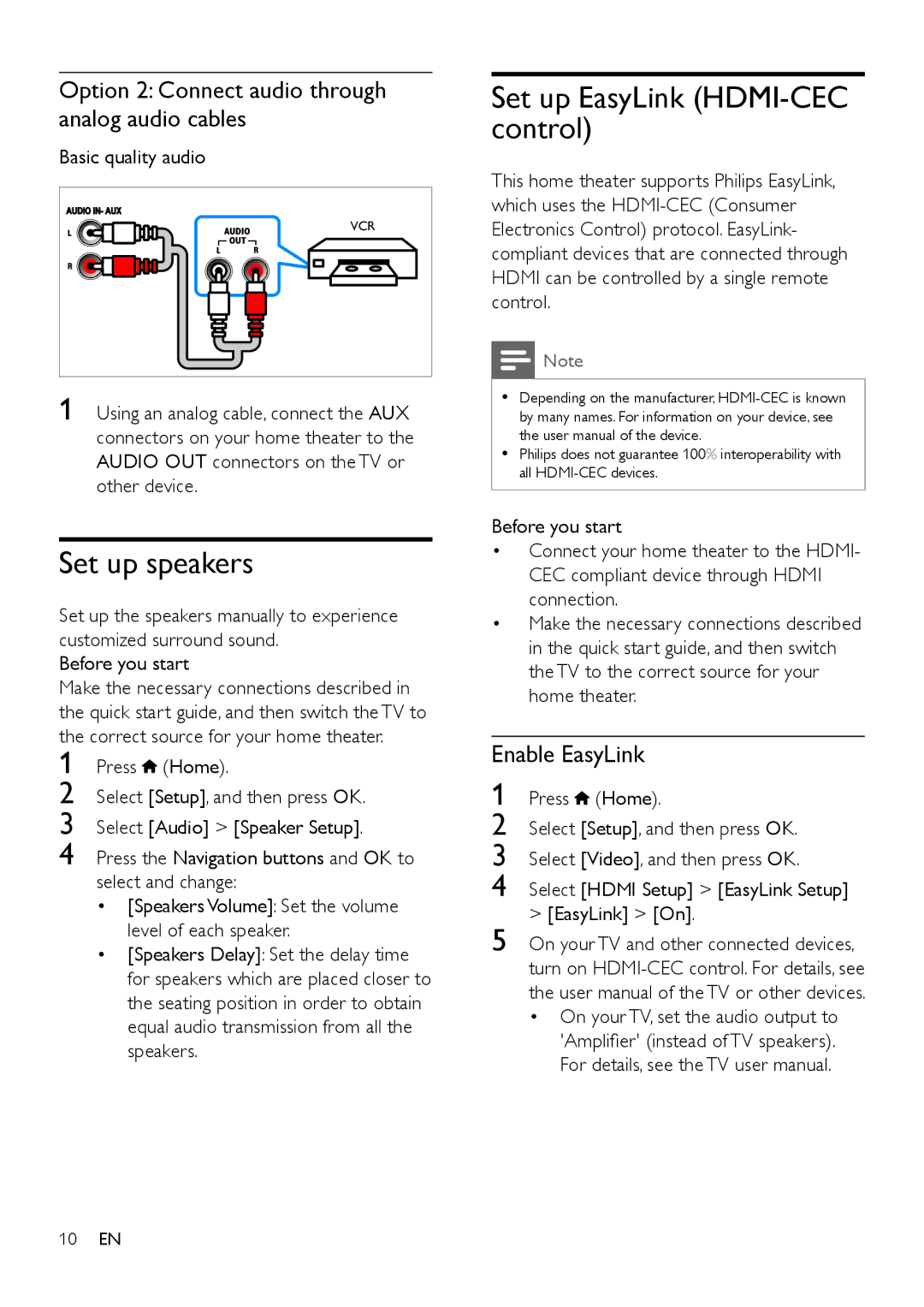 Philips HTD3570 Set up speakers, Set up EasyLink HDMI-CEC control, Option 2 Connect audio through analog audio cables 