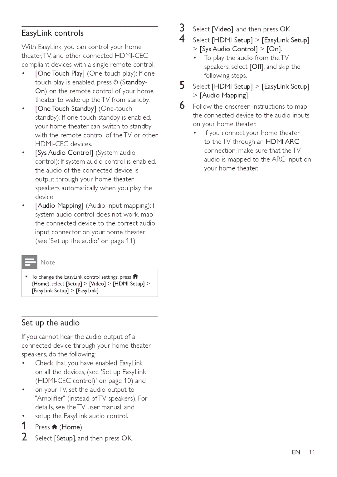 Philips HTD3540, HTD3570, HTD3510 user manual EasyLink controls, See Set up the audio on 