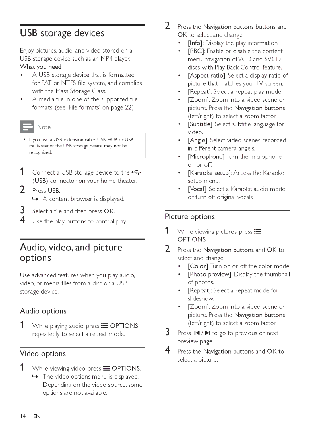 Philips HTD3540 USB storage devices, Audio, video, and picture options, Audio options, Video options, Picture options 