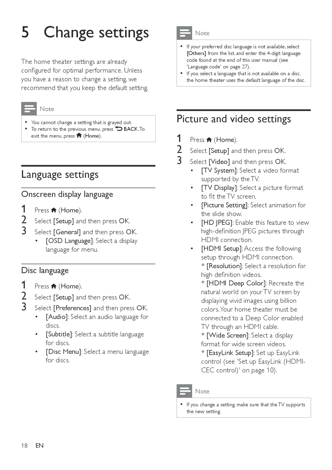 Philips HTD3510 Change settings, Language settings, Picture and video settings, Onscreen display language, Disc language 