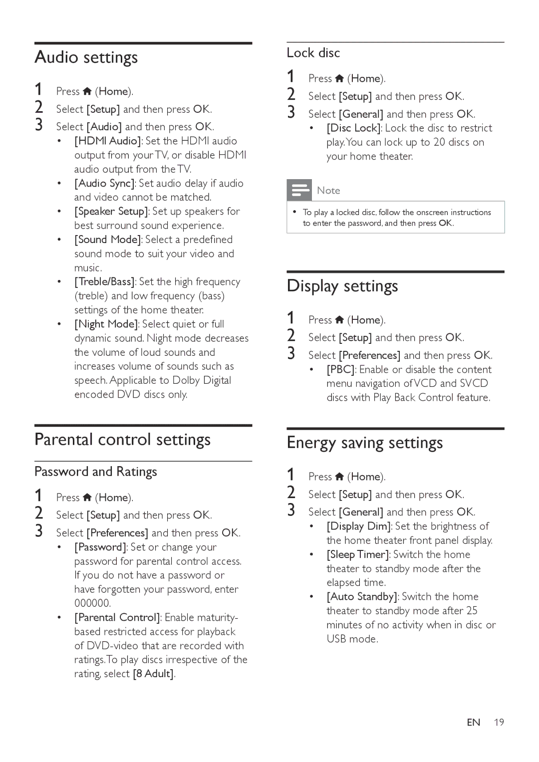 Philips HTD3570, HTD3540, HTD3510 Audio settings, Display settings, Parental control settings, Energy saving settings 