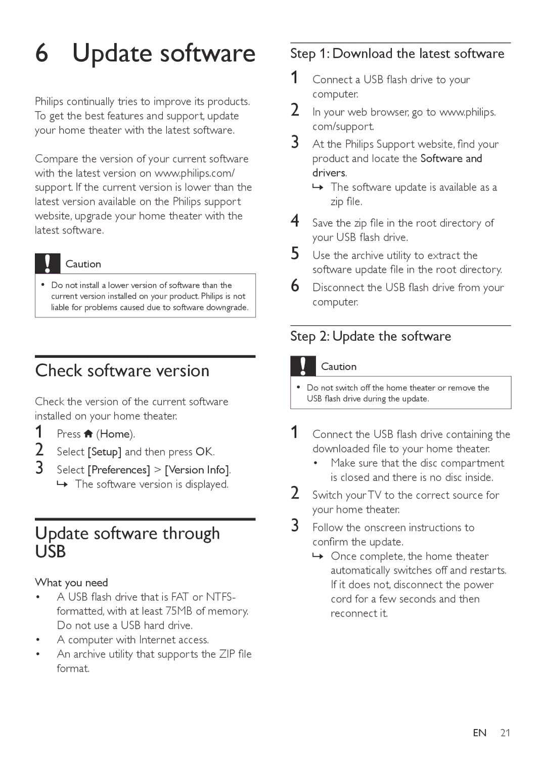 Philips HTD3510 Check software version, Update software through, Download the latest software, Update the software 