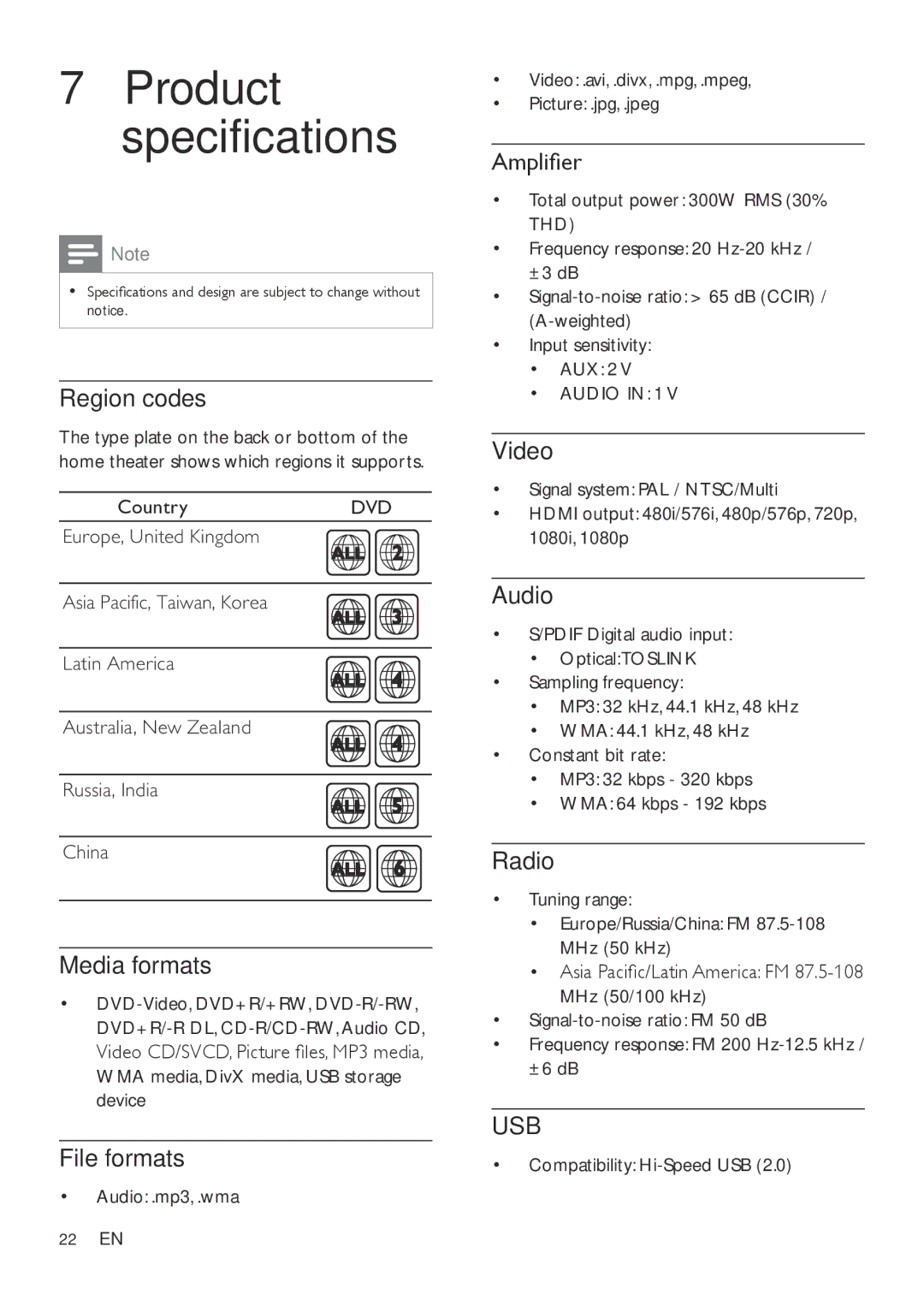 Philips HTD3570, HTD3540, HTD3510 user manual Region codes, Media formats, File formats, Amplifier, Video, Audio, Radio 