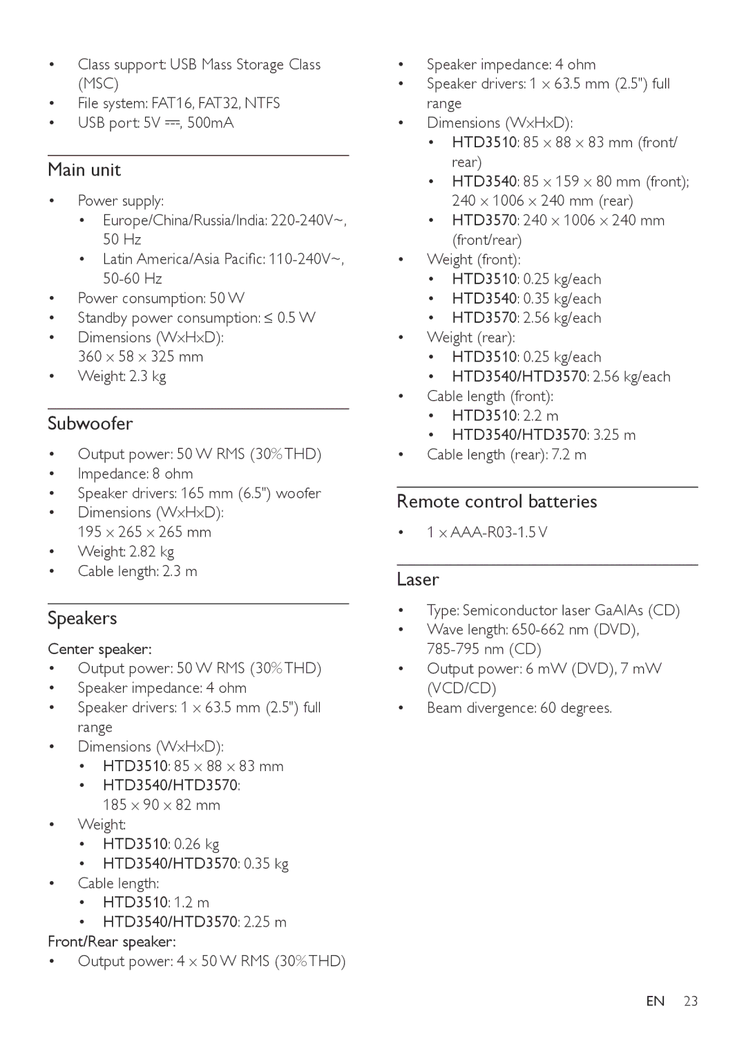 Philips HTD3540, HTD3570, HTD3510 user manual Main unit, Subwoofer, Speakers, Remote control batteries, Laser 