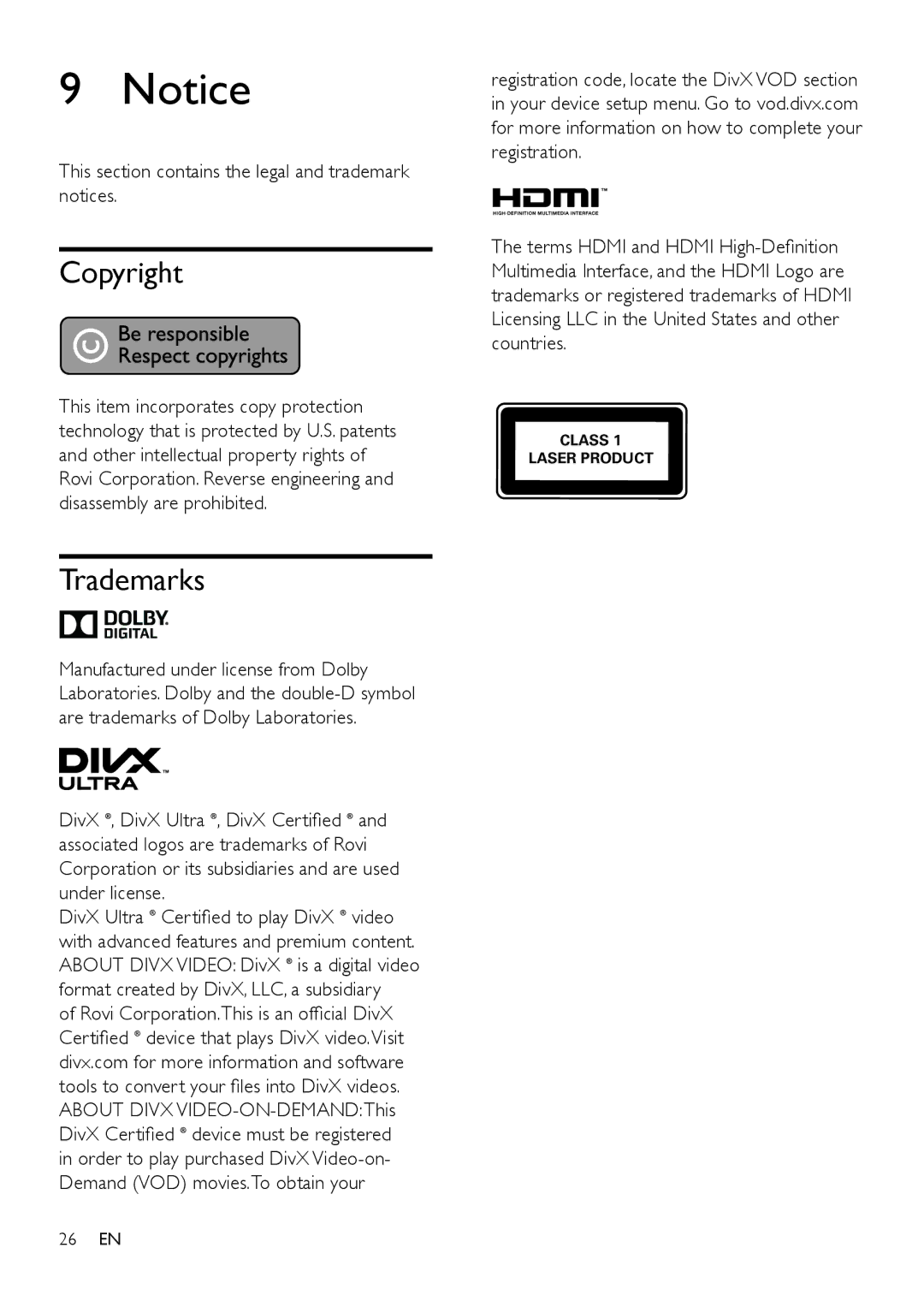 Philips HTD3540, HTD3570, HTD3510 user manual Copyright, Trademarks, This section contains the legal and trademark notices 