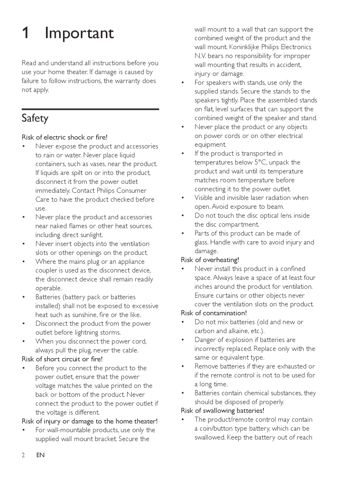 Philips HTD3540, HTD3570, HTD3510 user manual Safety, Risk of electric shock or fire, Risk of swallowing batteries 