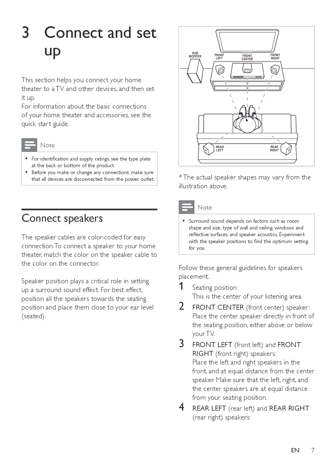 Philips HTD3570, HTD3540 Connect and set up, Connect speakers, Actual speaker shapes may vary from the illustration above 