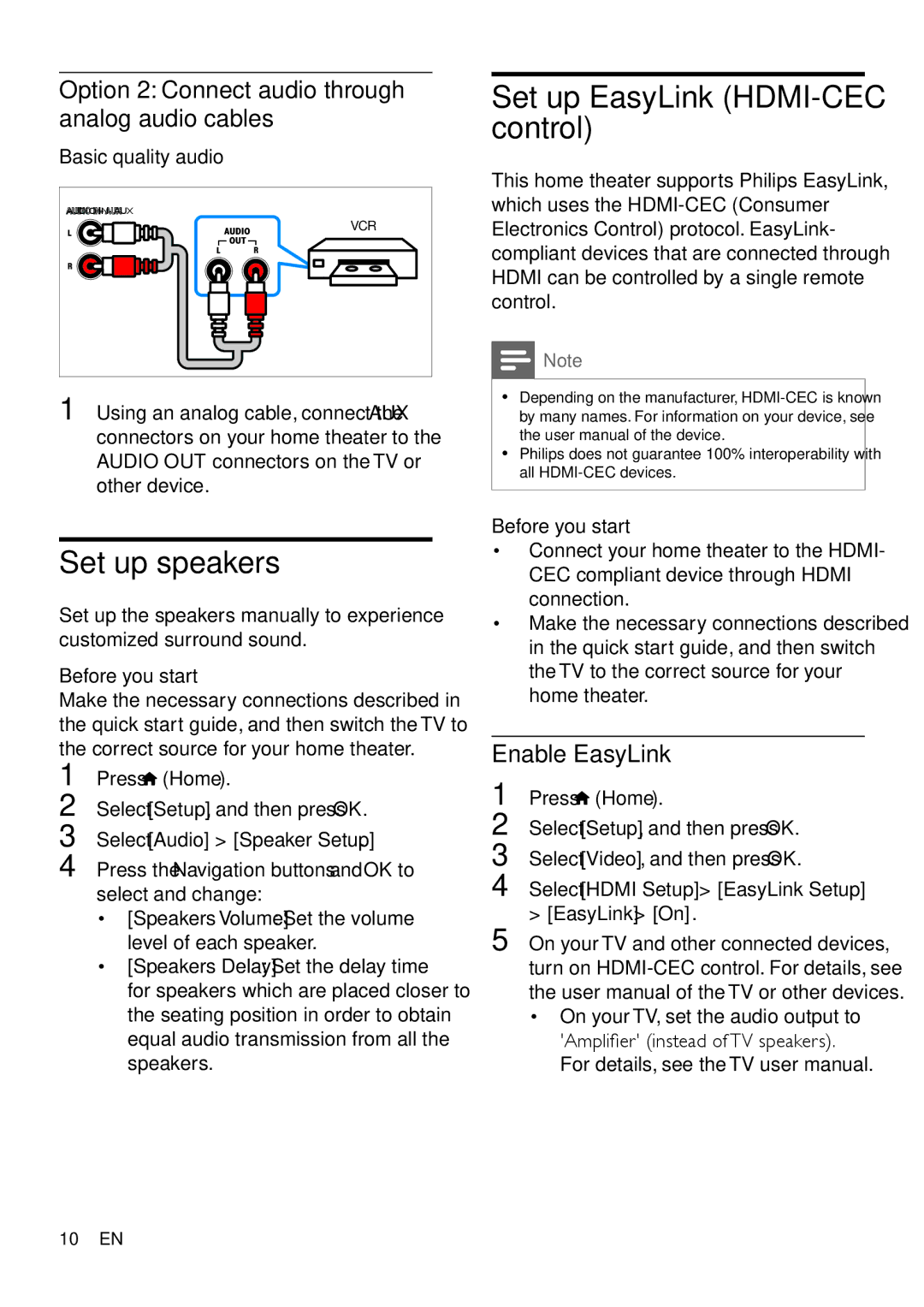 Philips HTD3570 Set up speakers, Set up EasyLink HDMI-CEC control, Option 2 Connect audio through analog audio cables 
