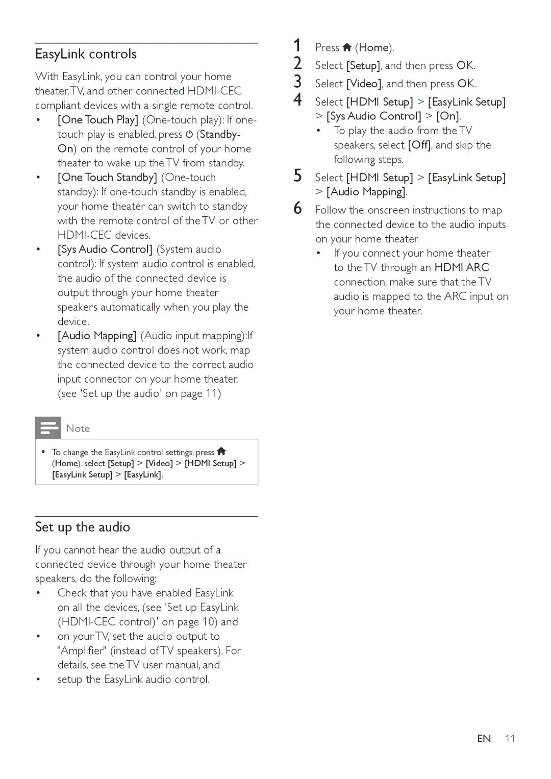 Philips HTD3540, HTD3570, HTD3510 user manual EasyLink controls, See Set up the audio on 