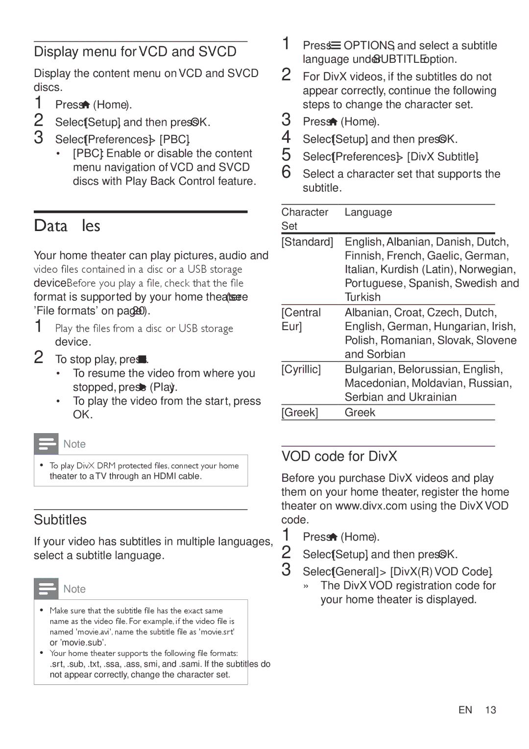 Philips HTD3570, HTD3540, HTD3510 user manual Data files, Display menu for VCD and Svcd, Subtitles, VOD code for DivX 