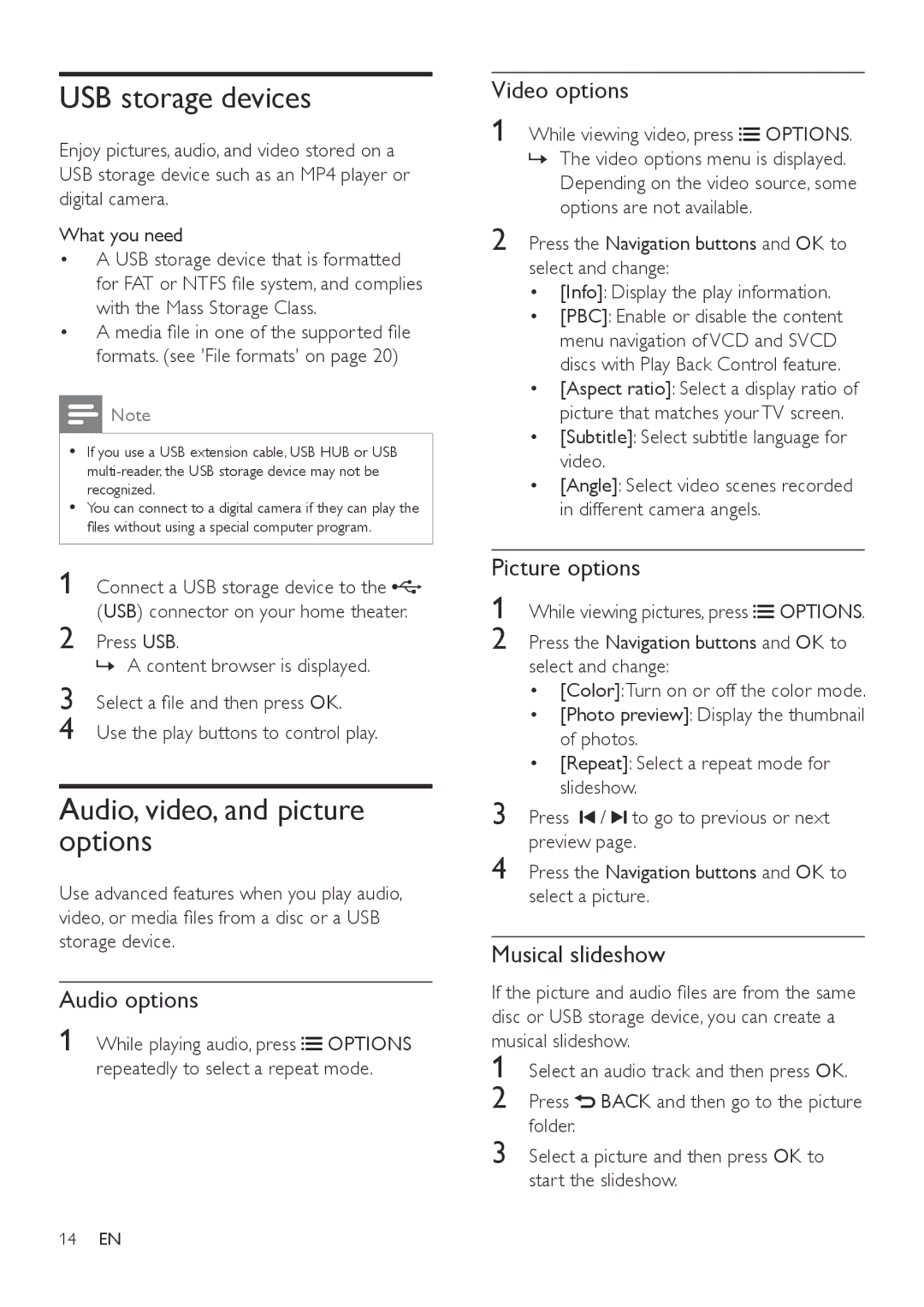 Philips HTD3540, HTD3570, HTD3510 user manual USB storage devices, Audio, video, and picture options 