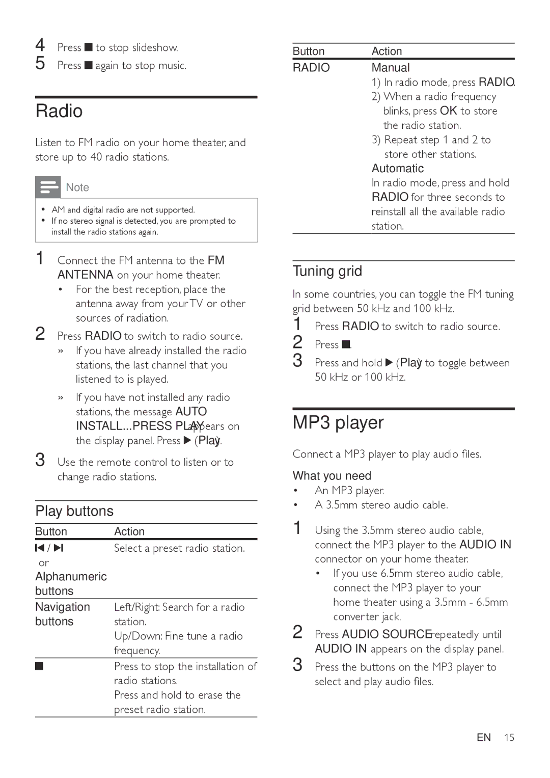 Philips HTD3510, HTD3570, HTD3540 user manual Radio, MP3 player, Tuning grid 