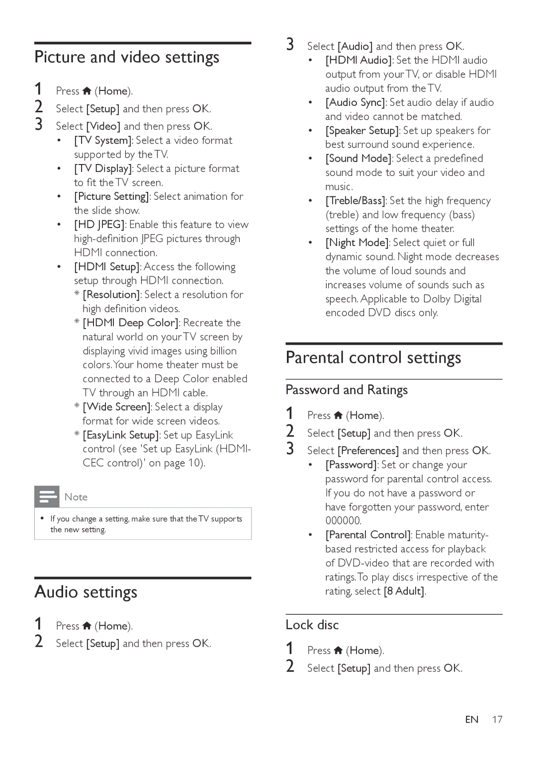 Philips HTD3540 Picture and video settings, Audio settings, Parental control settings, Password and Ratings, Lock disc 