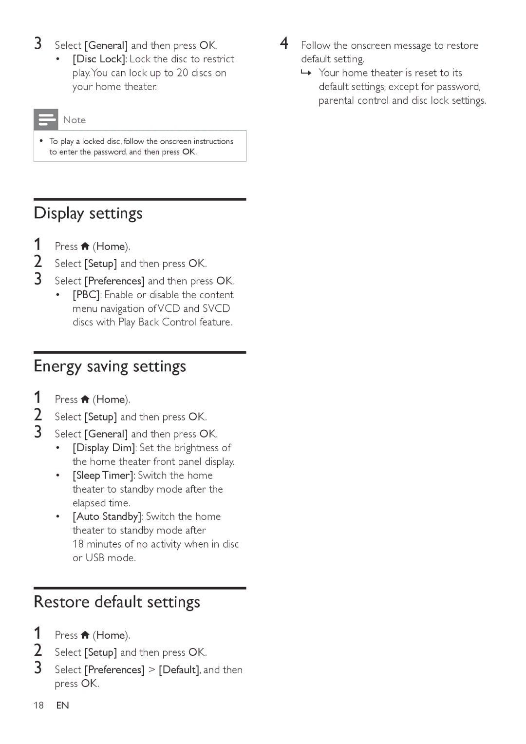 Philips HTD3510, HTD3570, HTD3540 user manual Display settings, Energy saving settings, Restore default settings 