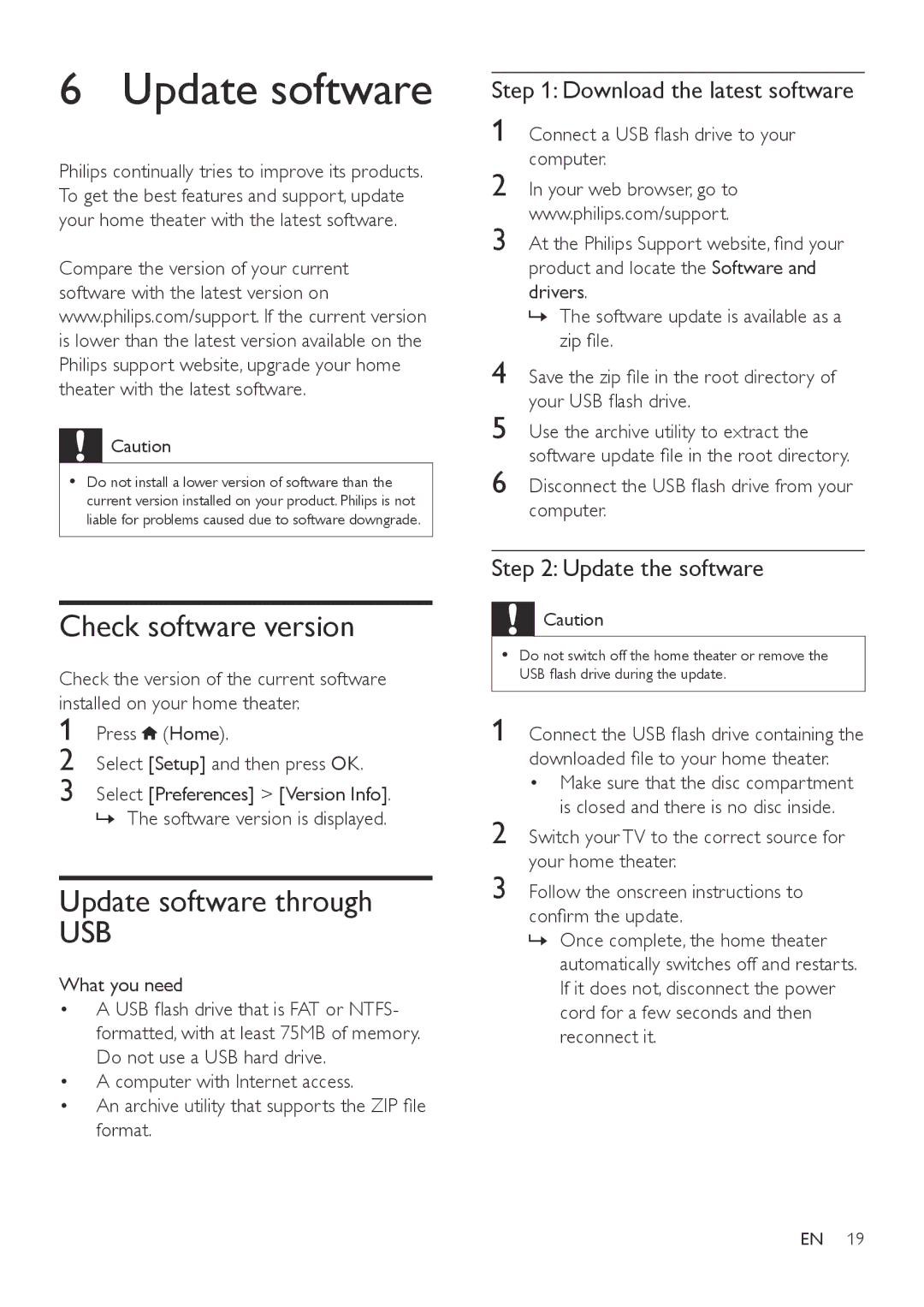 Philips HTD3570 Check software version, Update software through, Download the latest software, Update the software 