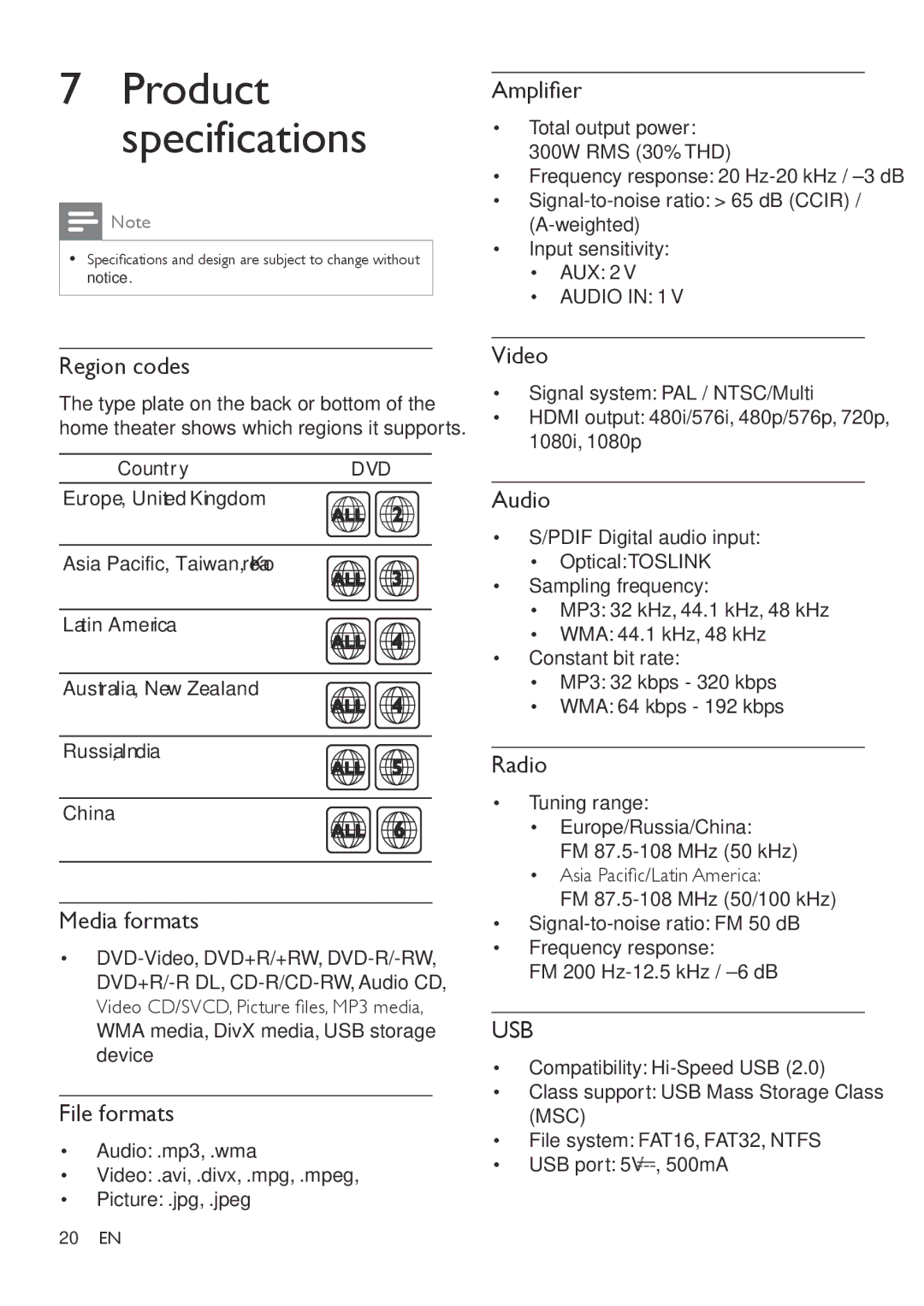 Philips HTD3540, HTD3570, HTD3510 user manual Region codes, Media formats, File formats, Amplifier, Video, Audio, Radio 