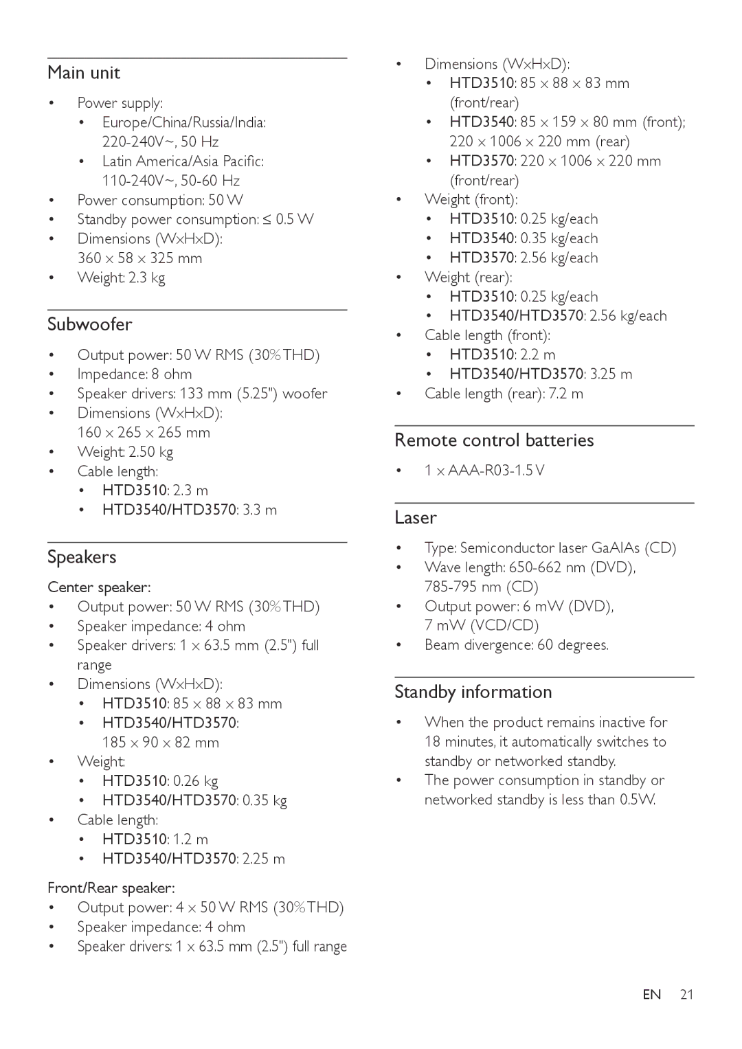 Philips HTD3510, HTD3570, HTD3540 Main unit, Subwoofer, Speakers, Remote control batteries, Laser, Standby information 