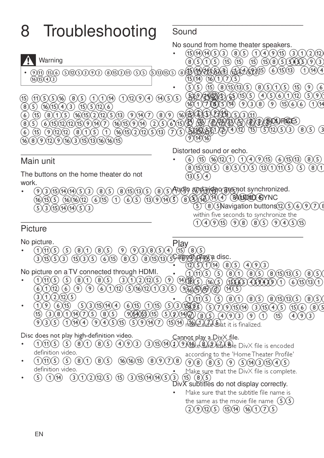 Philips HTD3570, HTD3540, HTD3510 user manual Troubleshooting, Picture, Sound, Play, No picture 