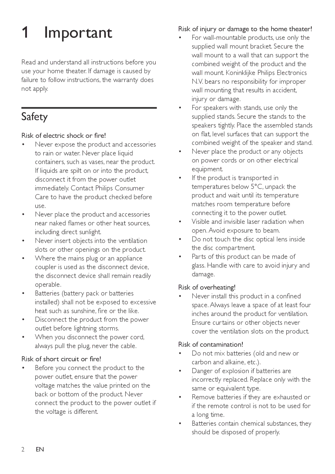 Philips HTD3540, HTD3570, HTD3510 user manual Safety, Risk of electric shock or fire 