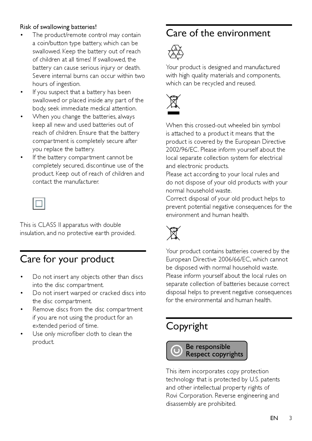 Philips HTD3510, HTD3570, HTD3540 Care for your product, Care of the environment, Copyright, Risk of swallowing batteries 