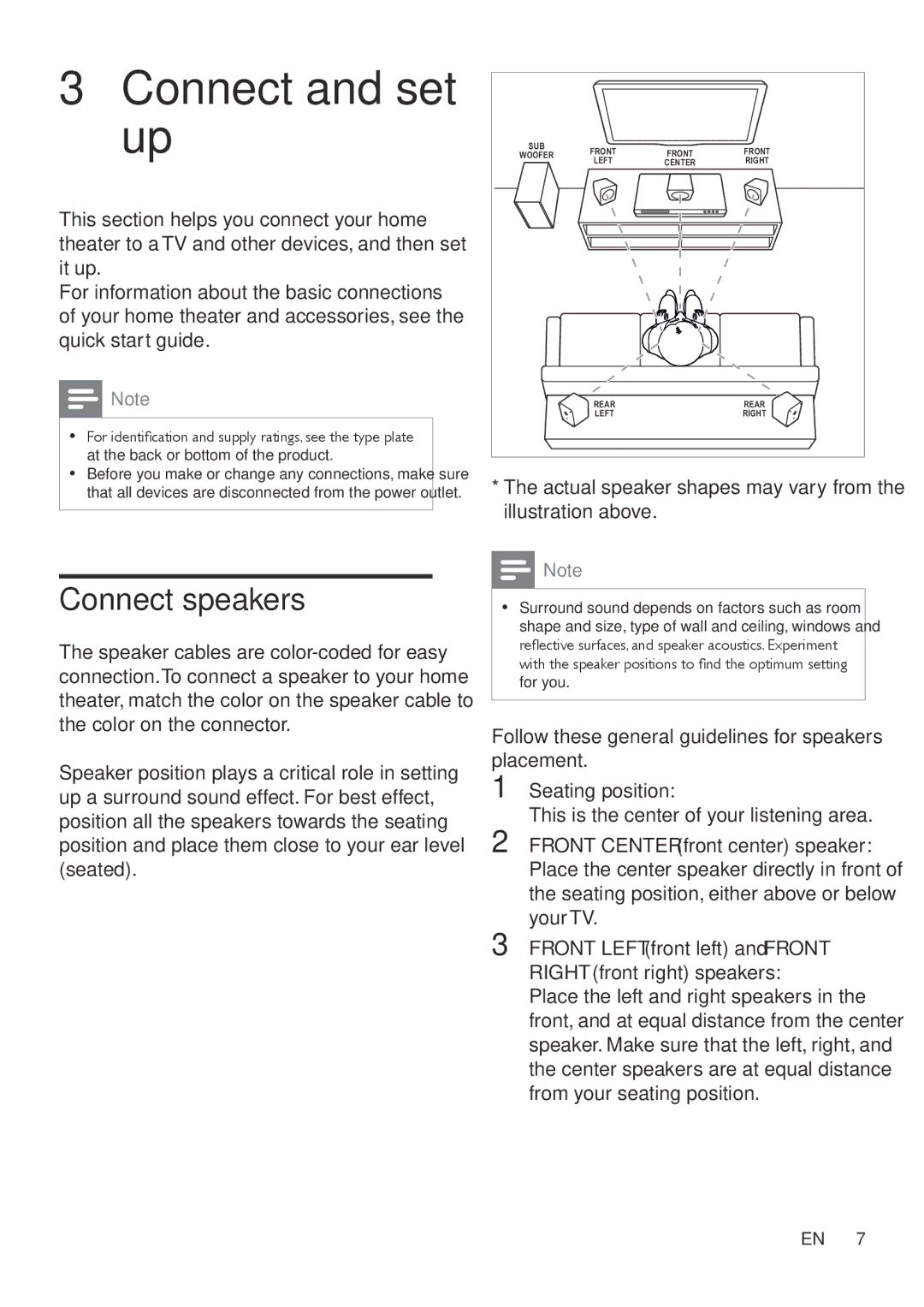 Philips HTD3570, HTD3540 Connect and set up, Connect speakers, Actual speaker shapes may vary from the illustration above 