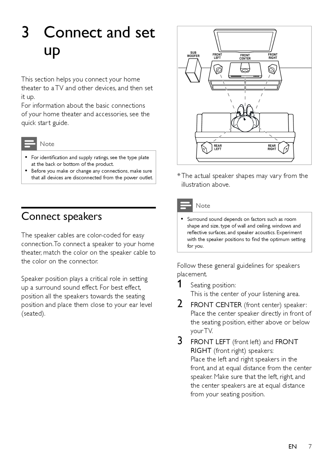 Philips HTD3570, HTD3540, HTD3510 user manual 3Connect and set up, Connect speakers 