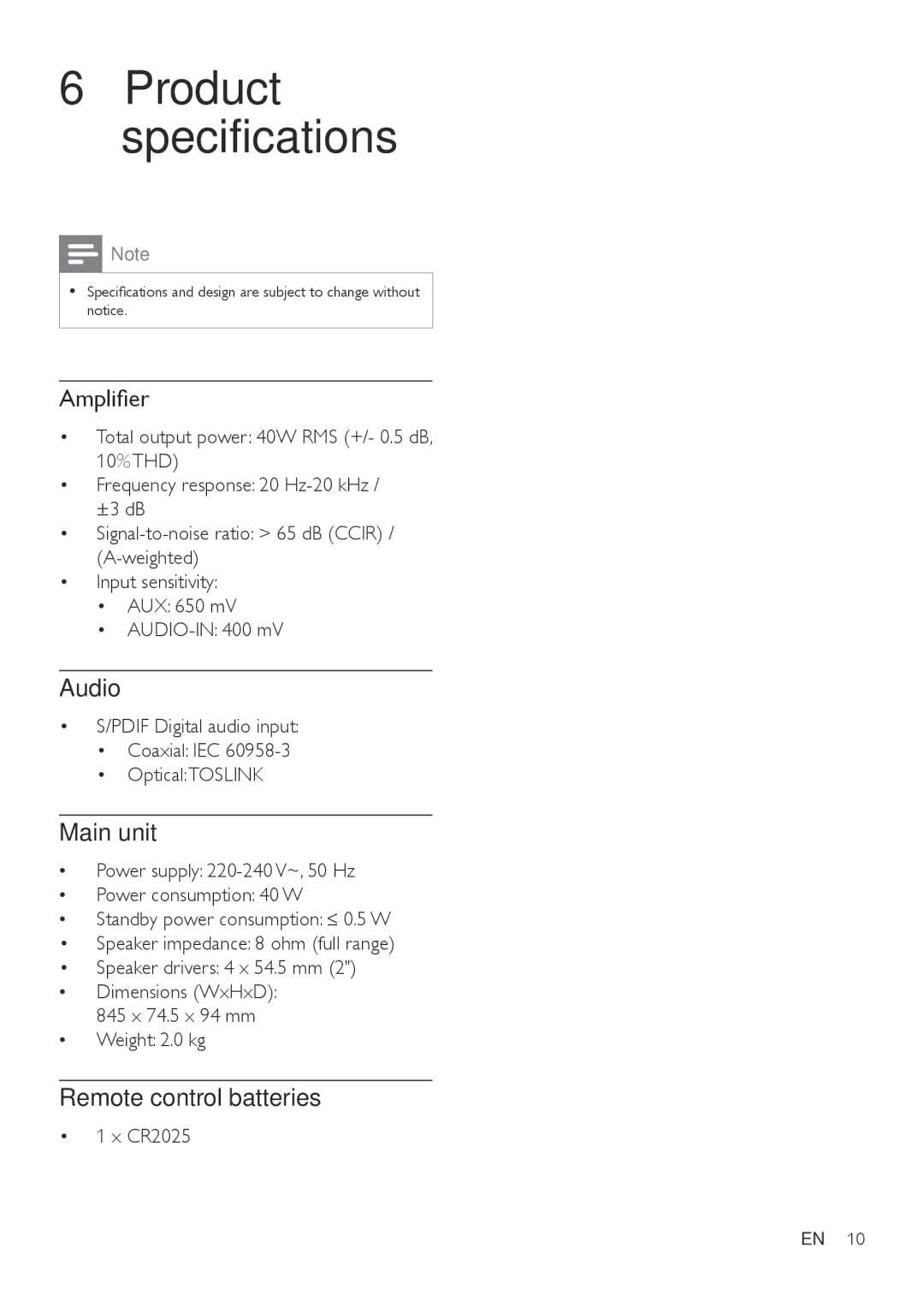 Philips HTL2100T HTL2100W, HTL2100B, HTL2100C, HTL2100S, HTL2100G Amplifier, Audio, Main unit, Remote control batteries 