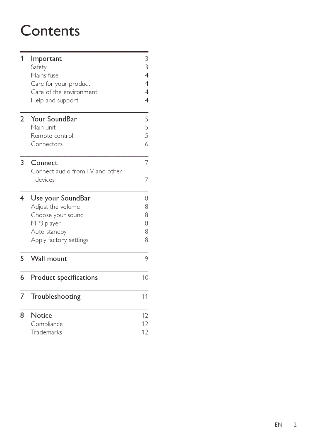 Philips HTL2100B, HTL2100C, HTL2100S, HTL2100T HTL2100W, HTL2100G user manual Contents 